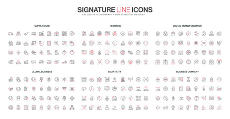Modern line icons set covers supply chain, network, digital transformation, global business, smart city, and company concepts in red and black isolated vector illustration