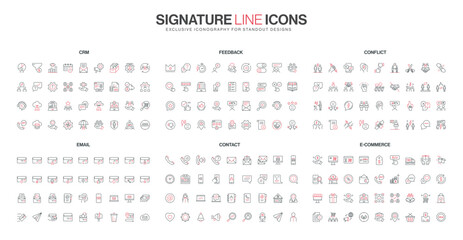 Modern line icons set covers CRM, feedback, conflict resolution, email, contact, and ecommerce concepts with red and black accents, suitable for digital business themes isolated vector illustration
