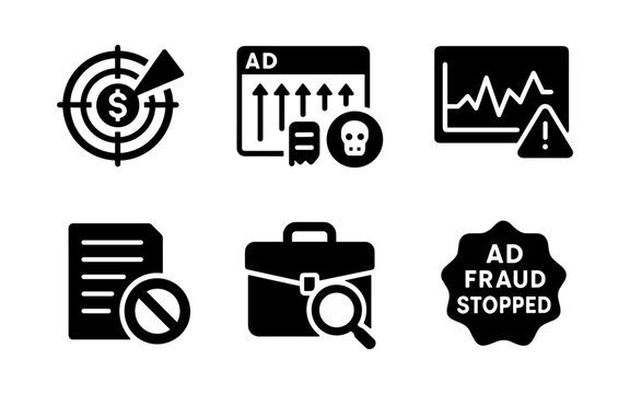 Set of icons representing online advertising fraud and protection measures