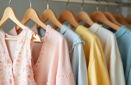 Assortment of pastel colored clothes hang on wooden hangers. Various garments like blouses shirts and dresses displayed in wardrobe. Soft muted tones create gentle aesthetic.