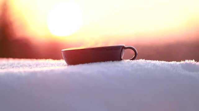 Hot tea cup placed in untouched snow, gentle steam rising into cold winter air, quiet and peaceful outdoor moment