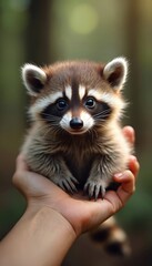 Obraz premium Tiny baby raccoon rests on open palm outdoors. Fuzzy mammal looks directly at camera with large dark eyes. Gentle interaction with wild animal in forest setting.