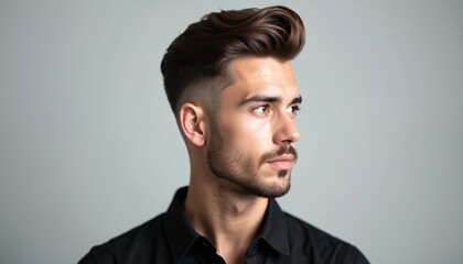 Man with modern fade haircut and beard styles. Stylish male grooming in studio. Contemporary hairstyle for young man, sharp professional look. Confident guy with dapper appearance.