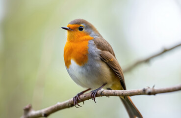 Obraz premium Small robin bird with bright orange breast sits on tree branch in green forest. Wildlife fauna creature with brown wings and feathers. Natural habitat outdoor detail.