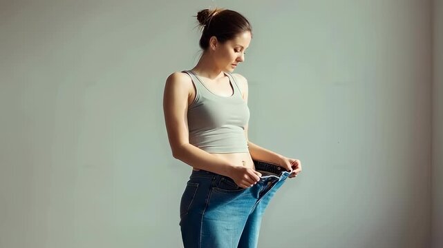 Woman in large trousers as a symbol of weight loss success