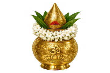 Golden purna kalash pot decorated with jasmine garland, mango leaves, coir coil, and holy vermilion powder for hindu puja