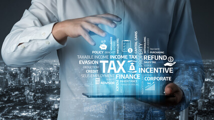 Modern digital interface showcasing finance and tax management terms, highlighting important concepts such as refunds, credits, and corporate incentives against an urban backdrop. Tessel