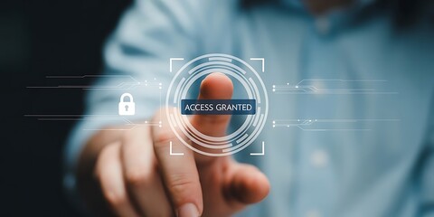 Finger touching holographic screen with ' Access Granted' and biometric security