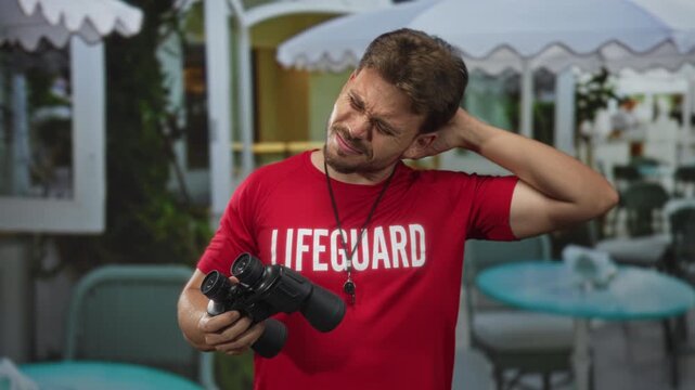 Man lifeguard holding binoculars and whistle wincing on restaurant terrace building; mild discomfort.