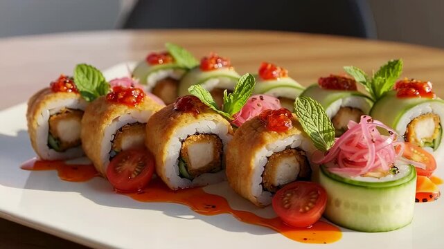 Delicious and well-arranged sushi rolls with fresh ingredients like tomato, mint, and cucumber