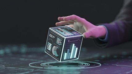 Hand Holding a3D Cube Displaying Financial Charts and Graphs with Futuristic Interface