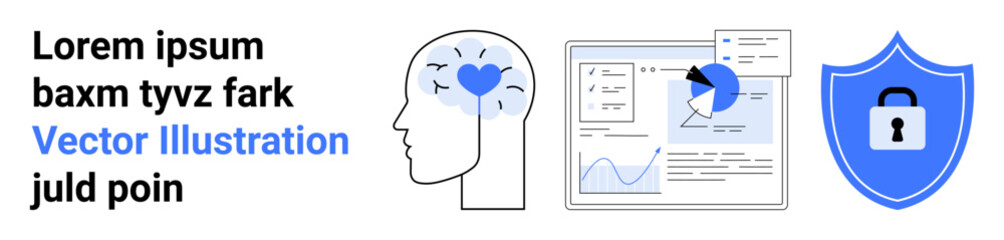 Data security, brain health, analytics, cyber protection, research, digital information safety. A shield, brain with a heart and analytical charts. Data security and brain health