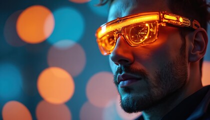 Man wears futuristic orange tech glasses showing glowing data. He looks forward with intense focus. Blurred lights create a vibrant bokeh background. Future vision concept.