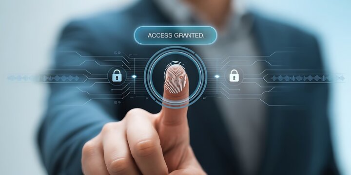 Fingerprint scan with ' Access Granted' message and digital security interface image - Powered by Adobe