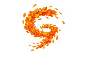 Orange autumn leaves swirling and falling in a dynamic vortex movement, isolated on a transparent background