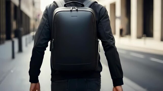 A man walks down the street with a sleek black backpack on his back. Capture of modern urban lifestyle.