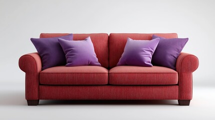 Modern Red Fabric Sofa with Purple Pillows Isolated on White Background created with Generative AI Technology, ai, generative