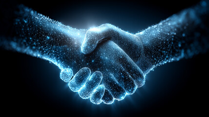 A futuristic handshake made of digital particles illustrating trust partnership and technological collaboration.
