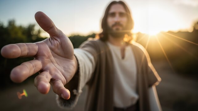 Jesus Christ offering a helping hand towards the camera. Selective focus on his palm with a warm, golden sunset. A concept of faith, hope, and salvation