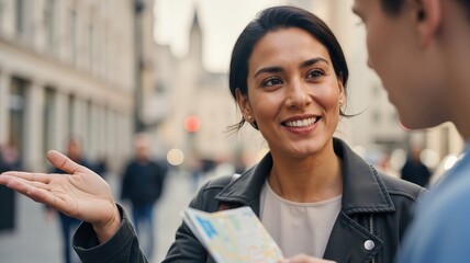 Smiling woman with a map asks a man for directions on a city street. Female tourist getting help and guidance while traveling abroad
