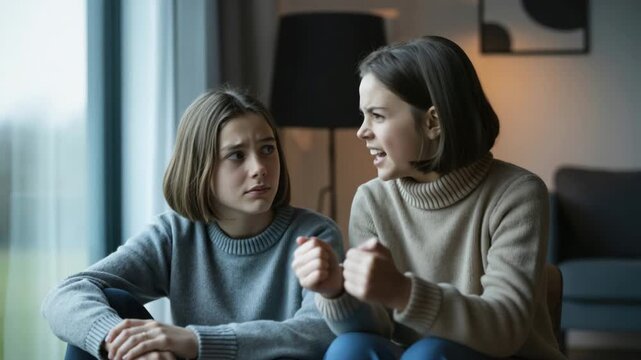Two teenage sisters arguing intensely at home. An angry girl shouts at her sad friend during a conflict. Sibling rivalry and relationship problems concept