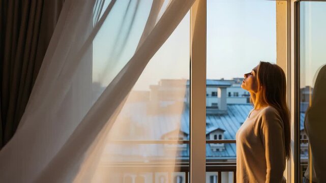 Woman breathing fresh air by an open window in the morning. Young female enjoying the sunrise over the city. New day and mindfulness concept