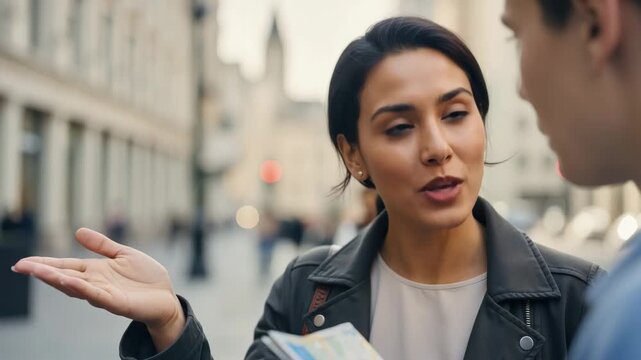 A friendly woman helps a lost tourist with a map in the city. Local person giving directions on a busy urban street. Travel and communication concept