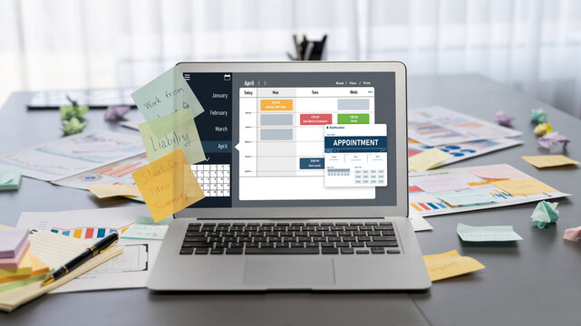 Sticky note for creative and analytic brainstorm for business idea with BI data dashboard on laptop screen. Analysis financial data visualization tech for marketing strategy. Prodigy