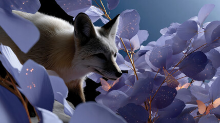 Obraz premium The image captures a sleek fox wandering amidst large pastel flowers, evoking a dreamlike quality and a sense of curiosity about nature’s beauty.
