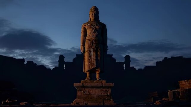 Statue of deity standing in front of ruined structure under a dusky sky