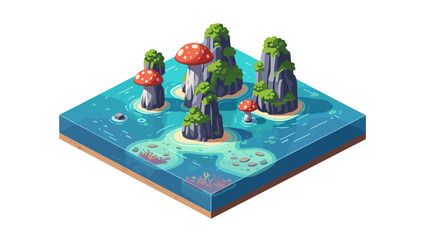 Fototapeta premium Isometric cartoon island with mushroom towers and lush greenery surrounded by ocean