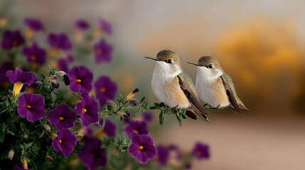 Obraz premium Two Hummingbirds Perched on Purple Flowers