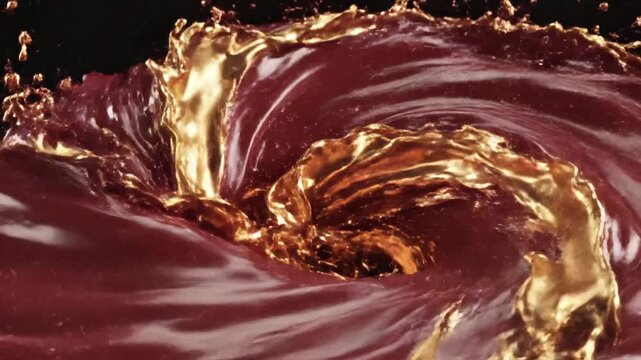 Abstract maroon and gold fluid dynamic forms against a dark background