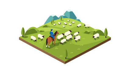 Obraz premium Isometric farm scene with shepherd and flock of sheep on pastureland
