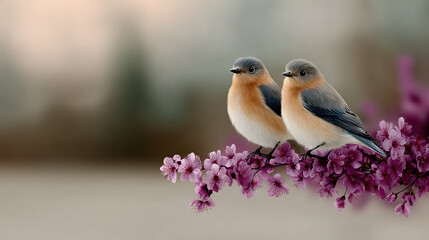 Obraz premium Two small birds perched on blooming purple flowers