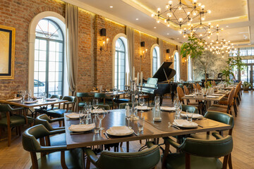 Luxury restaurant interior with modern tables and chairs