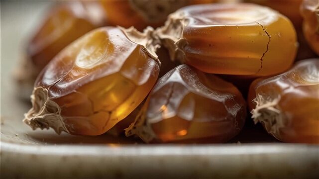 Golden brown dried corn kernels in macro style with warm amber and earth tones