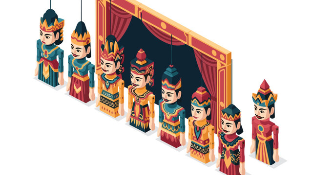 Isometric traditional puppet show with colorful characters and decorative elements
