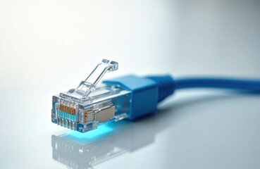 Close-up of blue ethernet cable connector. Network plug ready for internet connection. Digital data cable link. Tech hardware for LAN setup. Computer networking wire.