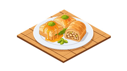 Isometric baklava and pastries on wooden mat with honey drizzle