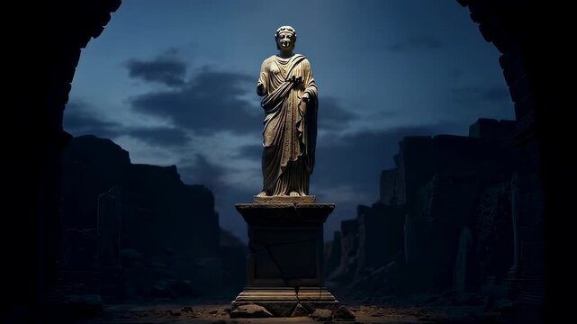 Ancient Statue in a Dark, Dramatic Cave Setting