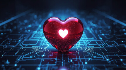 Futuristic Red Heart on Digital Circuit Grid, High Tech Love Symbol, Cyber Romance Concept, Glowing Technology Background