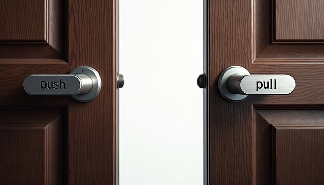 Two wooden doors with metal handles labeled push and pull offer entrance or exit options. One door opens inward, another outward. Clear choice for access or departure.