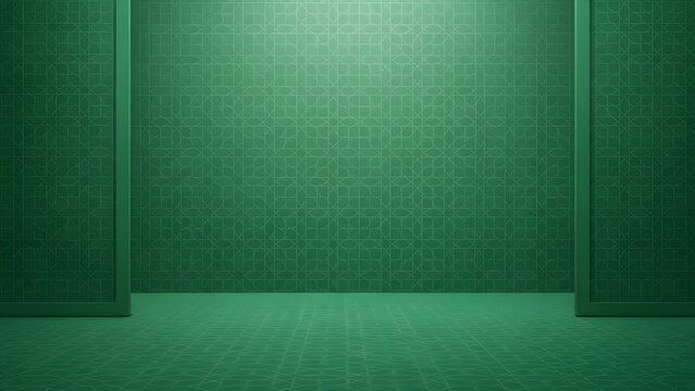 A minimalist green studio or room featuring traditional Islamic geometric patterns on the walls and floor, ideal for product placement or religious announcements.