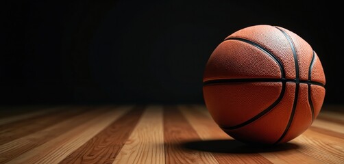 Obraz premium Orange basketball rests on shiny wooden floor. Dark backdrop with soft light creates dramatic mood. Perfect for sports themes or athletic training content.
