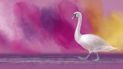 Fototapeta premium White Swan Walking on Water with Vibrant Sunset