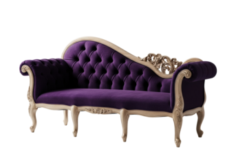 ornate antique-style bench with plush amethyst purple tufted velvet upholstery and detailed rococo light wood frame, isolated on white, conveying sophisticated elegance atmosphere