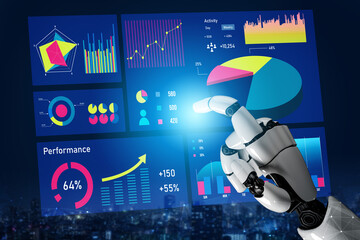 A robotic hand reaches towards vibrant digital data displays showcasing performance metrics and analytics. This futuristic scene merges technology with data visualization. Impute