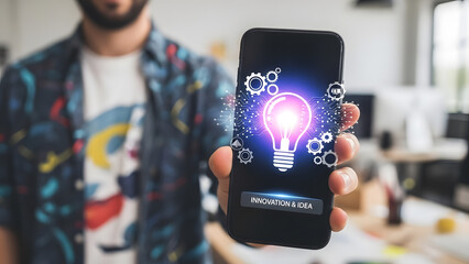 Light bulb smartphone hand gear circuit board technology strategy innovation creative solution mind brain future development office startup