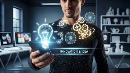 Bulb smartphone hand gear circuit board technology strategy innovation creative solution mind brain future development office startup idea